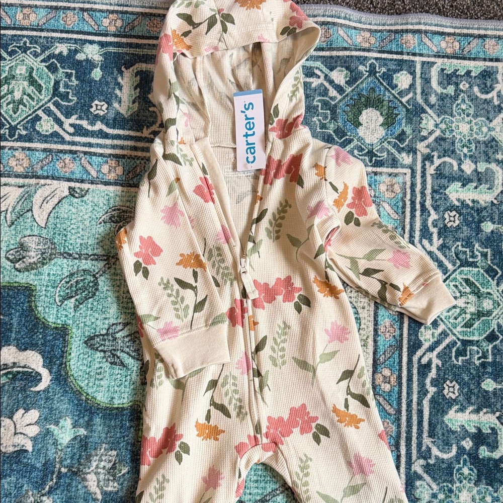 Carter's Cream Floral Hooded Zip-Up Romper with Pink, Coral & Green Flowers